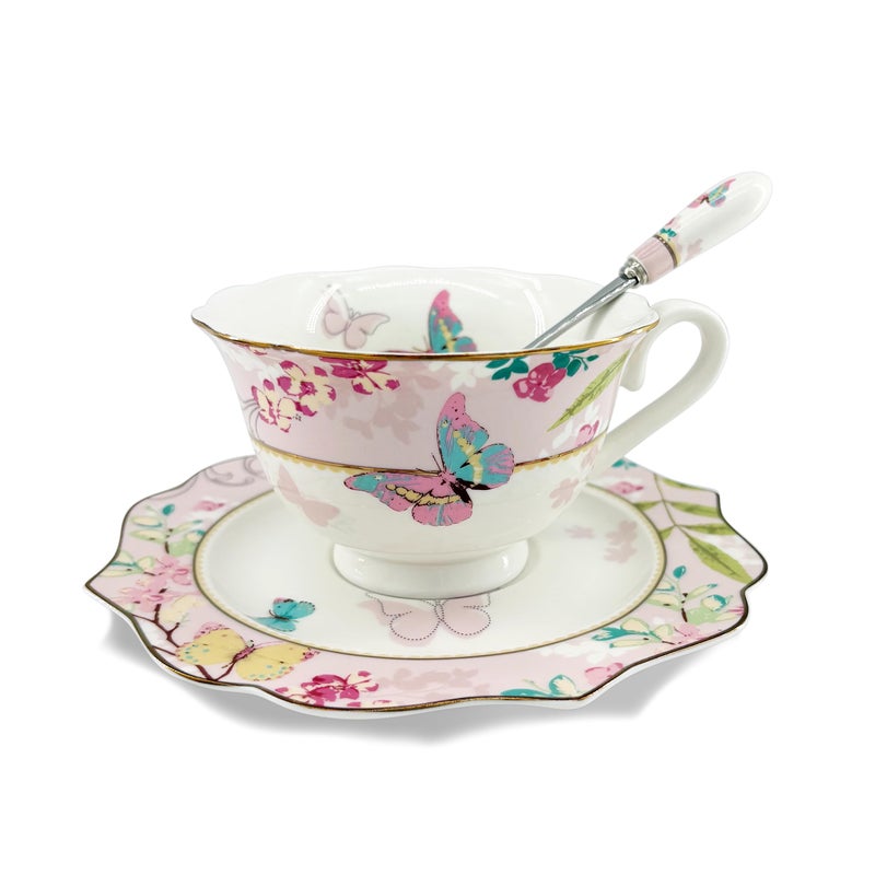 Krysclove Vintage Ceramic Teacup, Elegant Coffee Cup with Spoon and Saucer Set, Royal Bone China Tea Cups (Pink) - Image 1